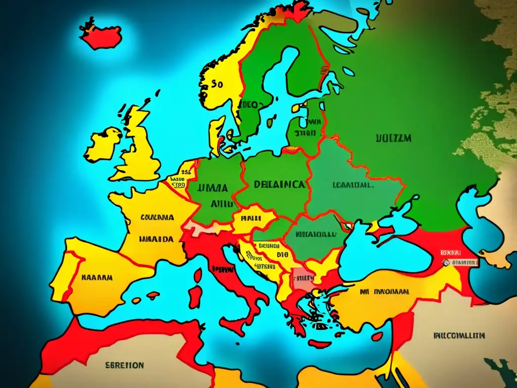 Mapa vintage detallando orígenes de apellidos raros en Europa, con castillos medievales y ríos, evocando misterio histórico