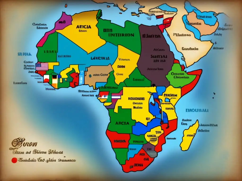 Mapa vintage detallando orígenes apellidos África entre guerras y símbolos tribales