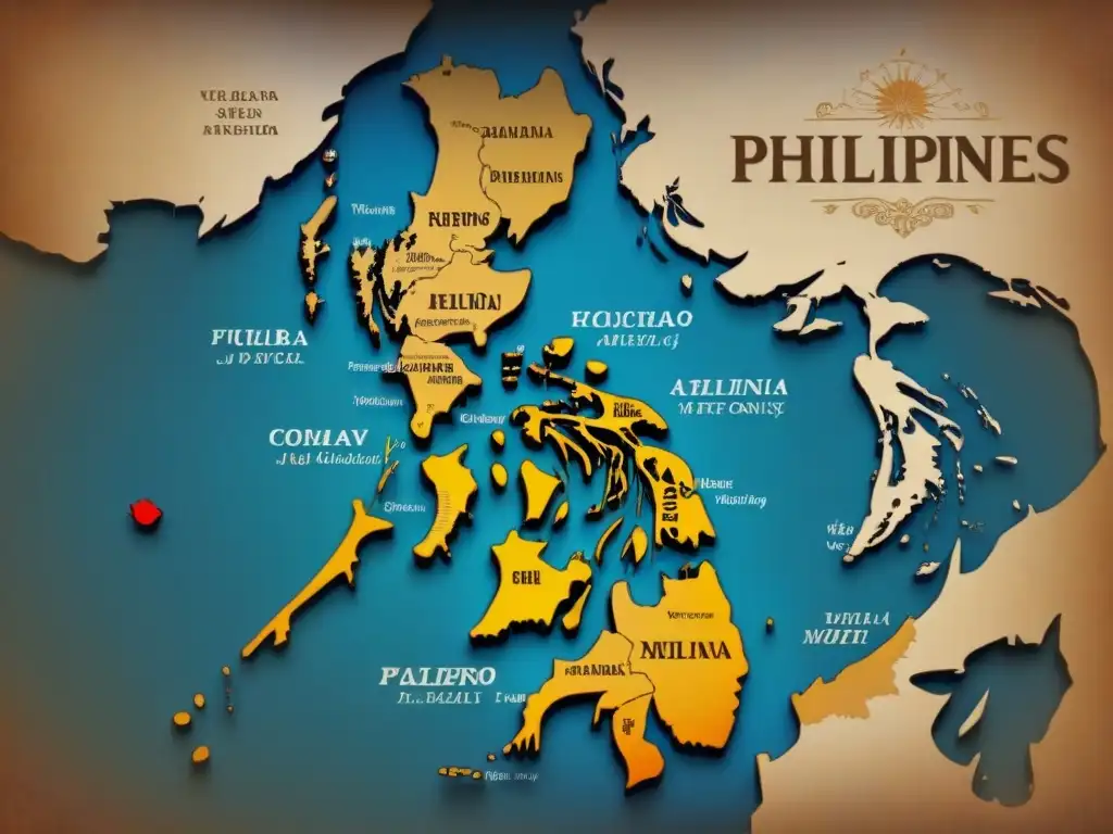 Mapa vintage detallando orígenes de apellidos en Filipinas; rica evolución cultural