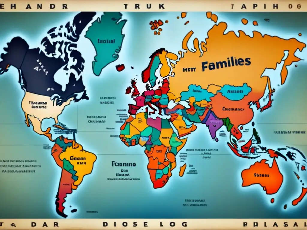 Mapa vintage con origenes de apellidos entrelazados en tiempos de guerra