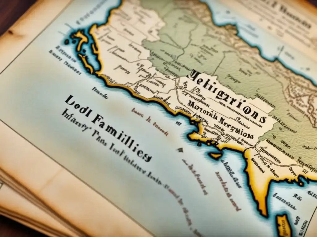 Un mapa vintage detallando la dispersión política de familias a lo largo de los siglos, con crestas familiares y notas históricas