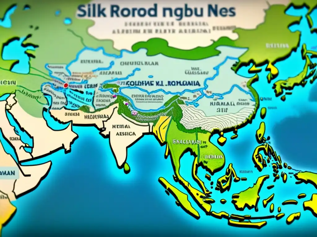 Mapa vintage de la Ruta de la Seda, destacando la red de rutas comerciales que conectan Asia y Europa en tonos azules, verdes y marrones