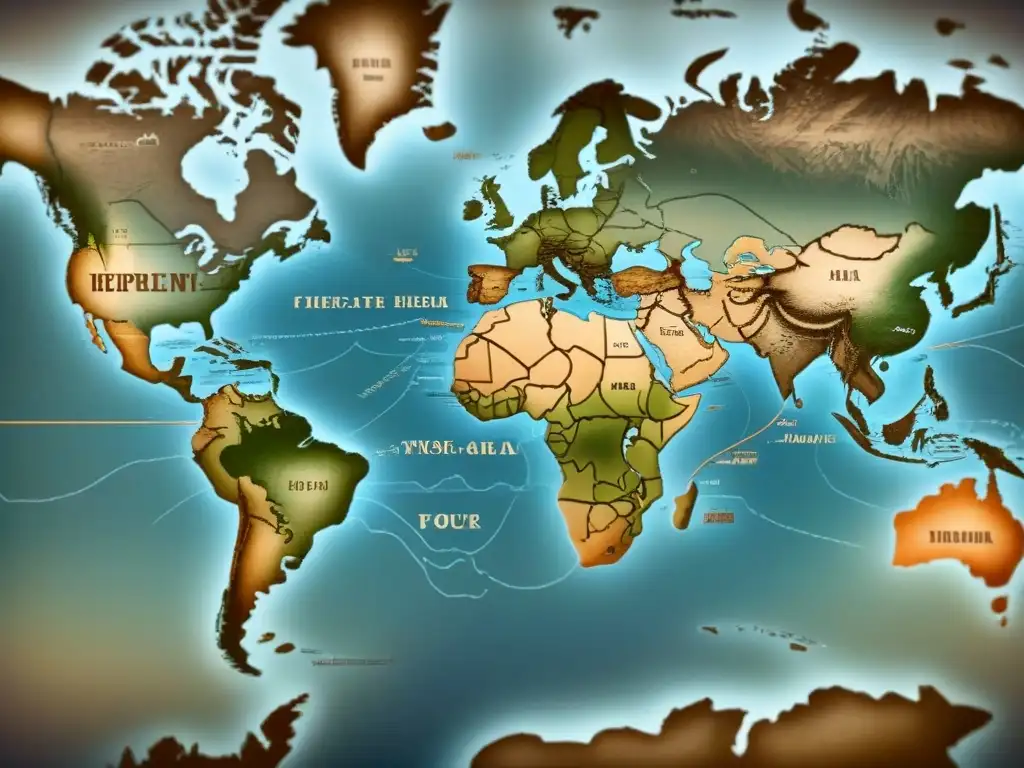 Mapa vintage con rutas migración ancestral en tonos sepia, detallando origen de apellidos con caligrafía antigua