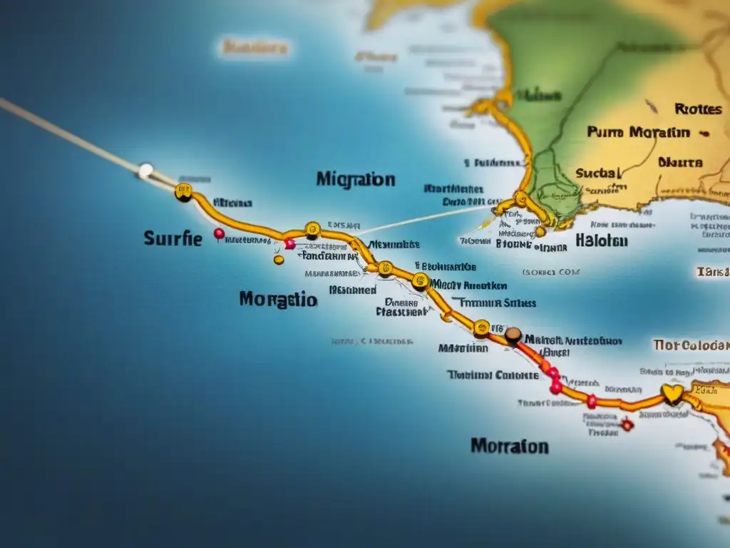 Mapa vintage detallando rutas de migración y evolución de apellidos a lo largo de la historia