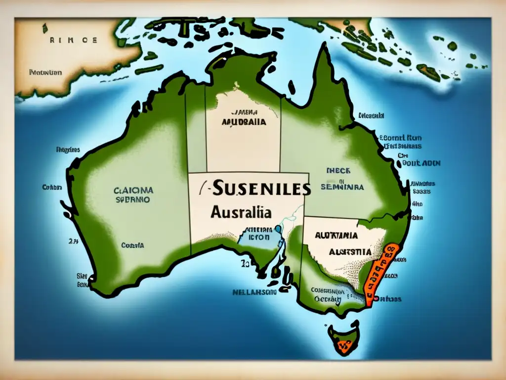 Mapa vintage de Australia con rutas de colonos e inmigrantes, destacando orígenes de apellidos