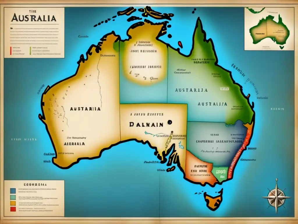 Mapa vintage de Australia con rutas de colonos e inmigrantes, detallando barcos y brújulas