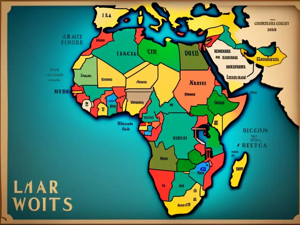 Mapa vintage detallando rutas comerciales históricas entre África y el mundo árabe, evocando historia y cultura