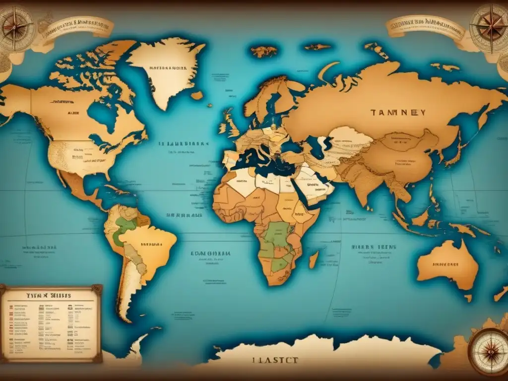 Mapa vintage detallando rutas de migración de apellidos, con ilustraciones de barcos, trenes y senderos, en tonos sepia