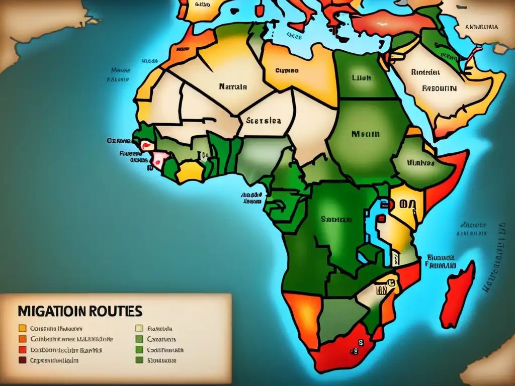 Mapa vintage detallando rutas de migración de apellidos africanos, resaltando regiones clave y monumentos históricos en tonos sepia