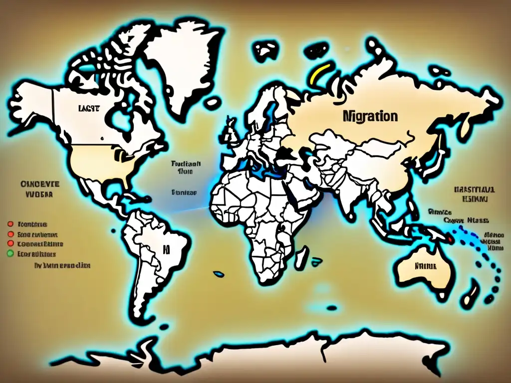 Mapa vintage detallando rutas de migración de apellidos, con ilustraciones de barcos y aviones