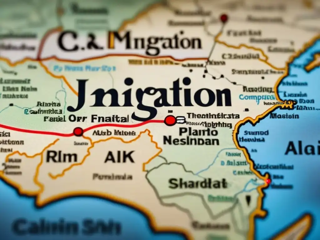 Mapa vintage detallando las rutas de migración de apellidos árabes con significados ocultos y arquitectura tradicional