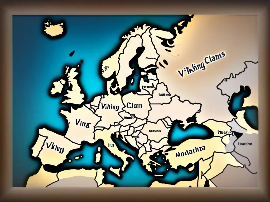 Mapa vintage detallando rutas migratorias de clanes vikingos en Europa, mostrando orígenes de apellidos