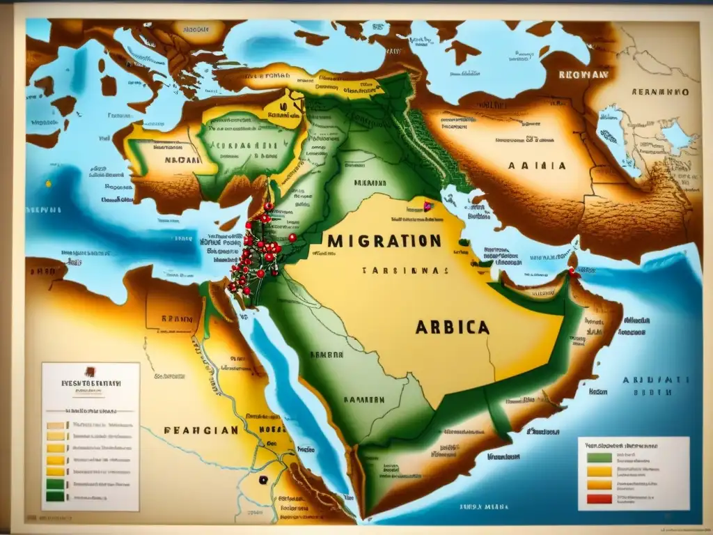 Mapa vintage detallando rutas migratorias de tribus árabes en Norte de África, destacando la influencia árabe en la región