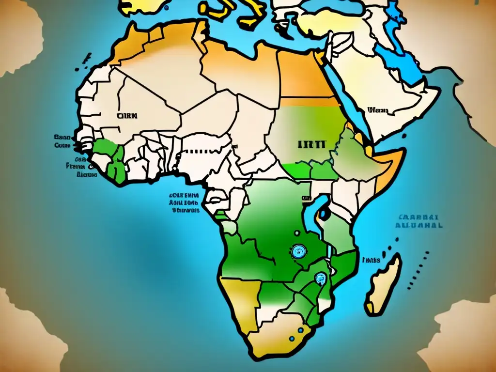 Mapa vintage de África con rutas migratorias de los Bantúes y detalles tribales en tonos terrosos