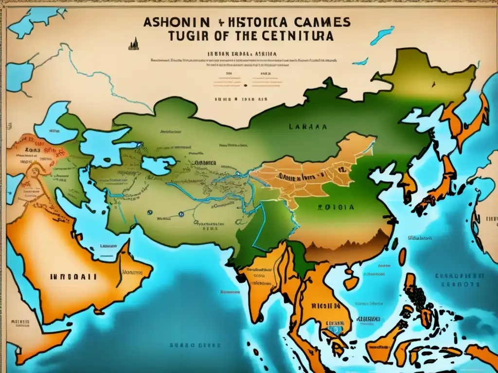 Mapa vintage detallando rutas migratorias de los uigures en Asia, con símbolos tradicionales y motivos a lo largo de la Ruta de la Seda