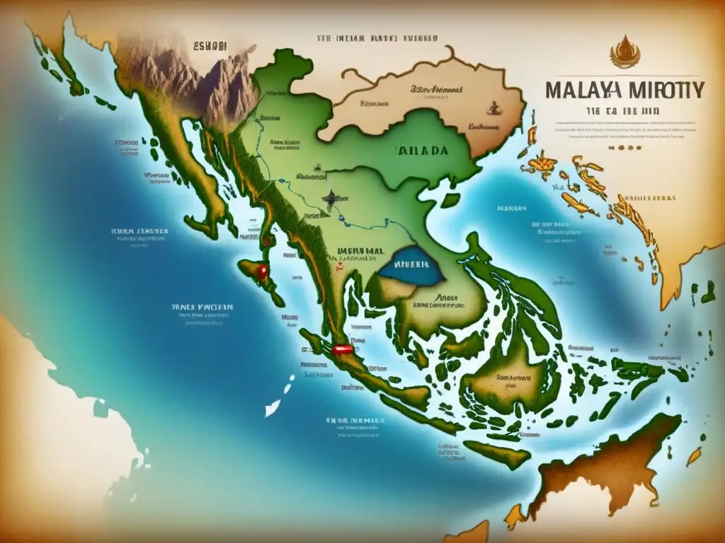 Mapa vintage detallando rutas migratorias de la minoría malaya en Tailandia, resaltando historia apellidos