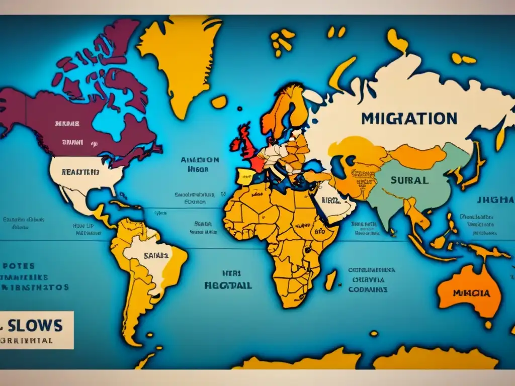 Mapa vintage de rutas migratorias con historia de apellidos en tonos tierra, evocando la evolución de la migración