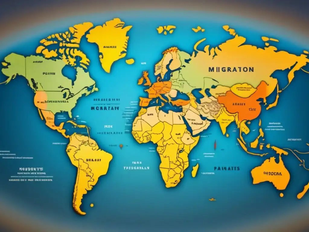 Mapa vintage detallando rutas migratorias, apellidos escritos a mano en diferentes estilos y lenguajes