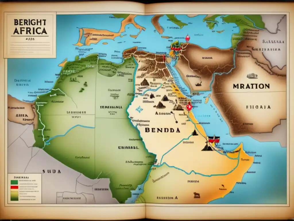 Mapa vintage detallando rutas migratorias de tribus bereberes en África del Norte, con símbolos tradicionales