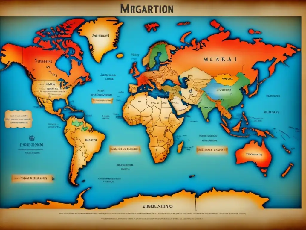 Mapa vintage detallando rutas migratorias de apellidos, evolución genealógica en pergamino envejecido