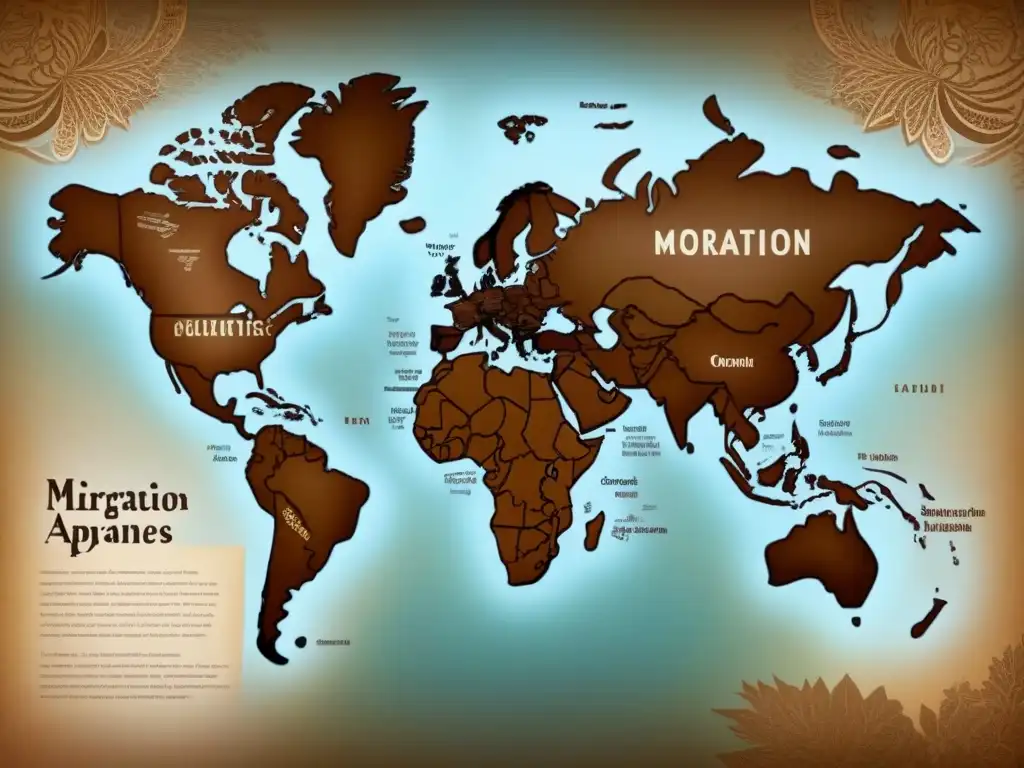 Mapa vintage detallando rutas migratorias y adaptaciones lingüísticas de apellidos, evocando historia y transformación cultural