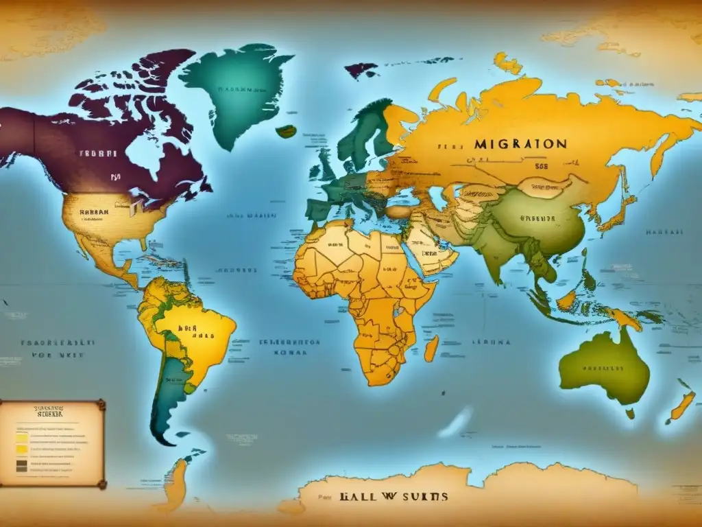 Mapa vintage detallando rutas migratorias y evolución de apellidos