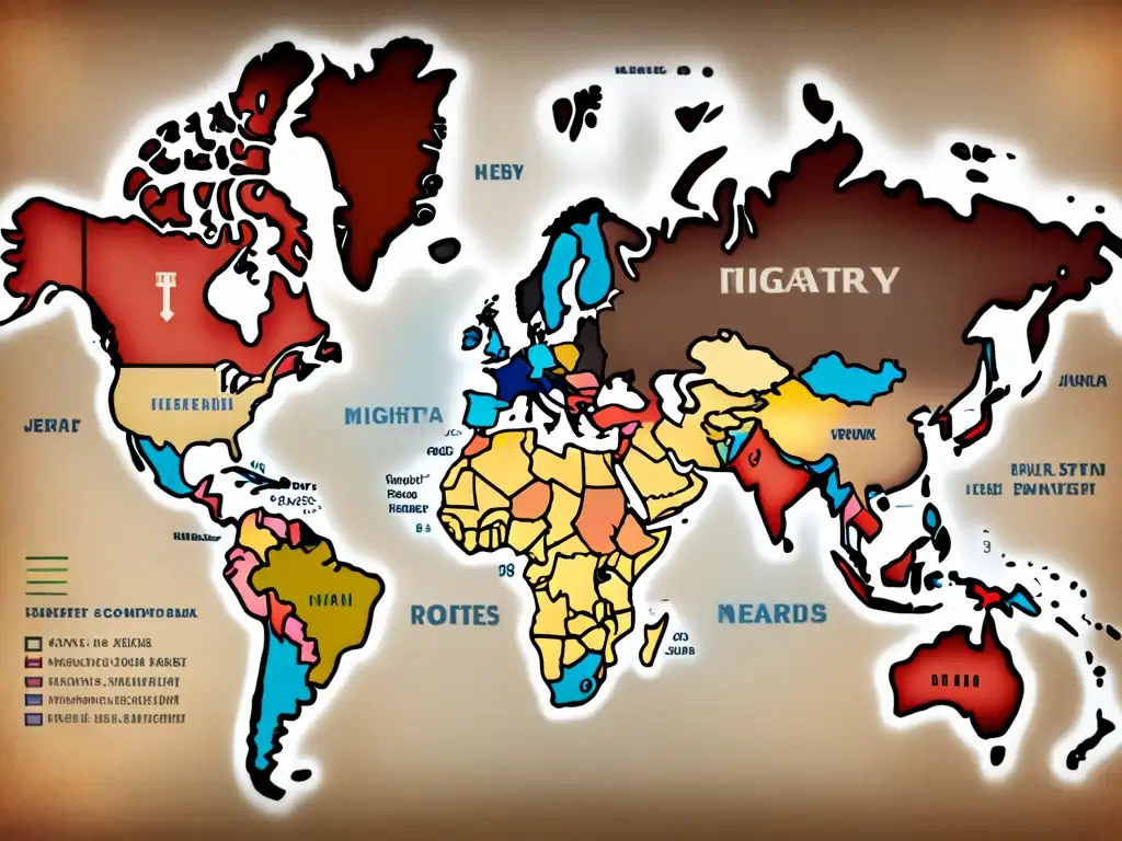 Mapa vintage detallando rutas migratorias de apellidos judíos en distintos continentes