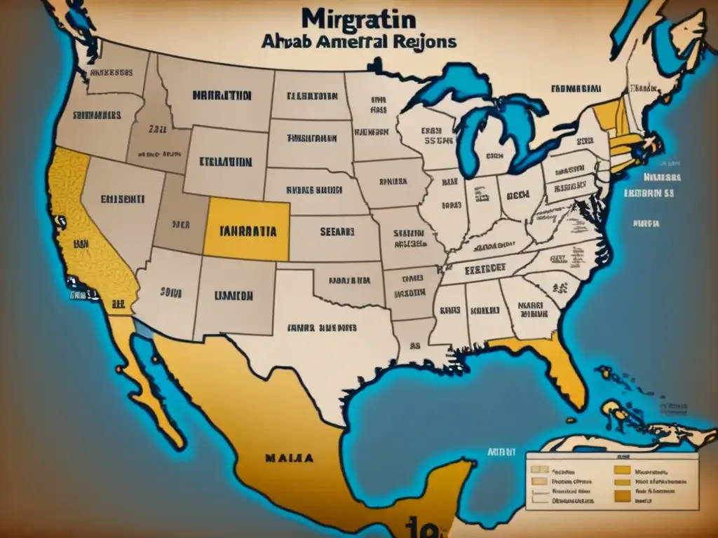 Mapa vintage detallando rutas migratorias árabes y origen apellidos árabes en América