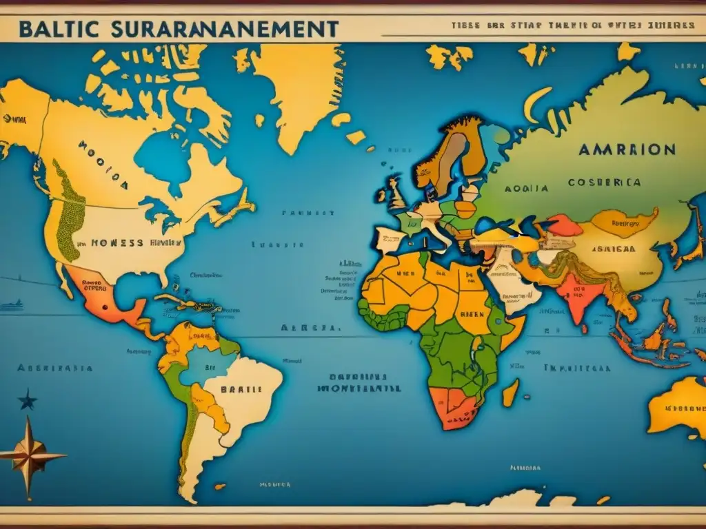 Mapa vintage de rutas migratorias de apellidos bálticos a América, con ilustraciones detalladas de barcos, familias desembarcando y paisajes diversos