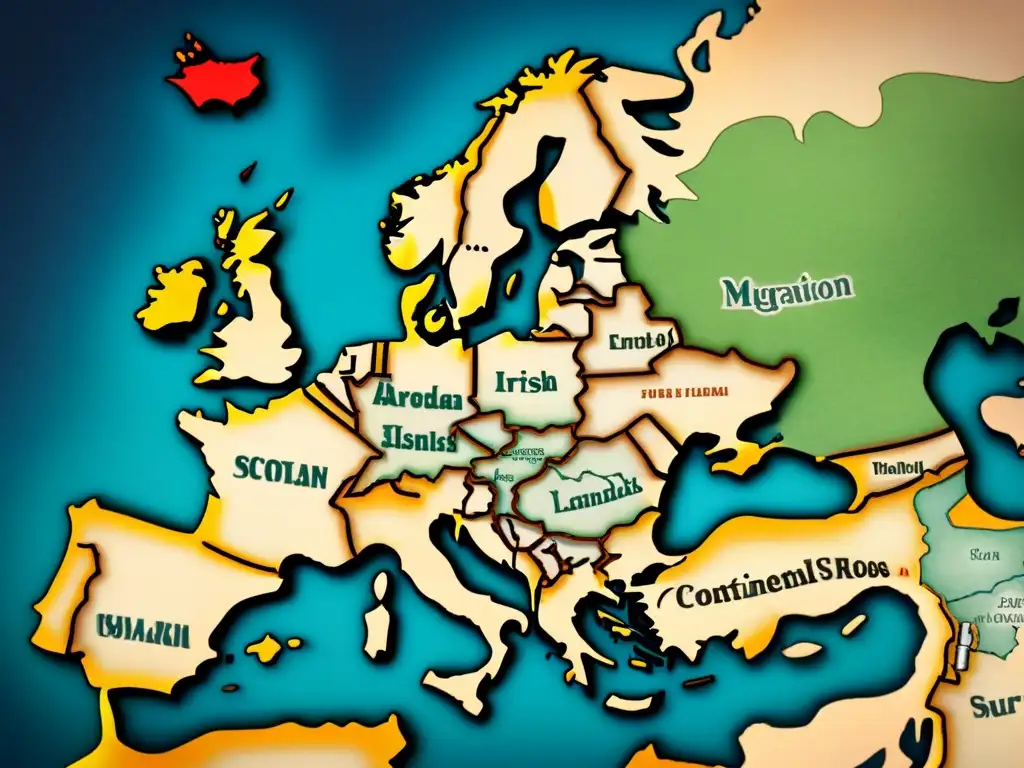 Mapa vintage detallando rutas migratorias de apellidos escoceses e irlandeses