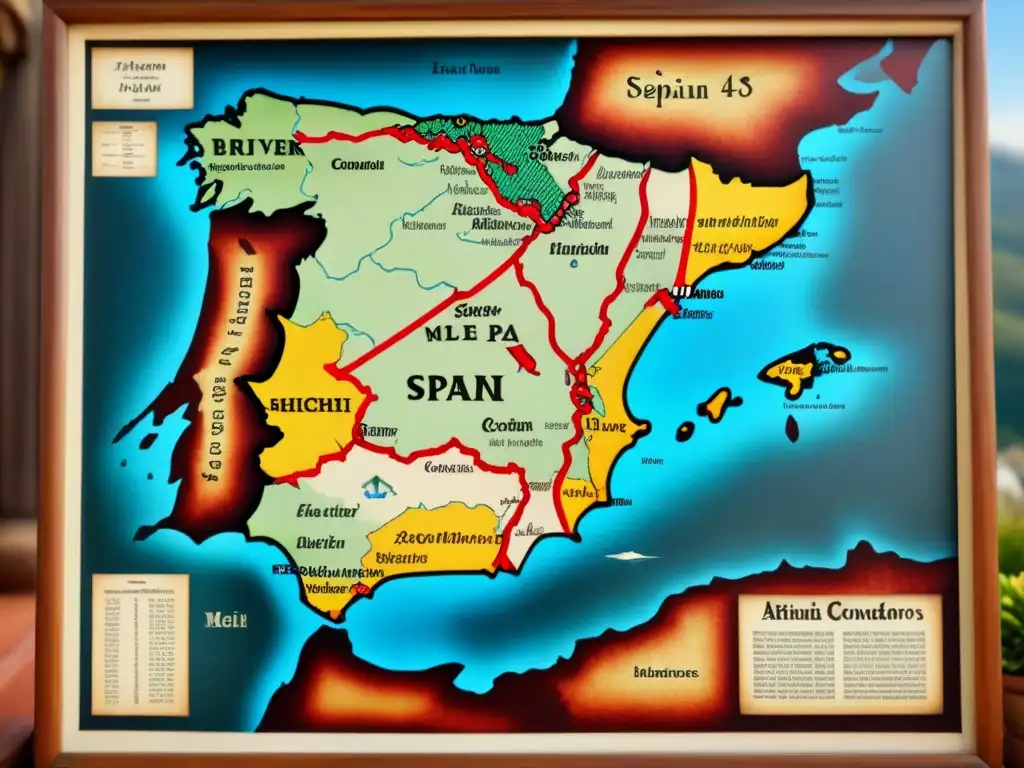 Mapa vintage de España del siglo XVI con retratos de conquistadores, mostrando el origen de apellidos en España