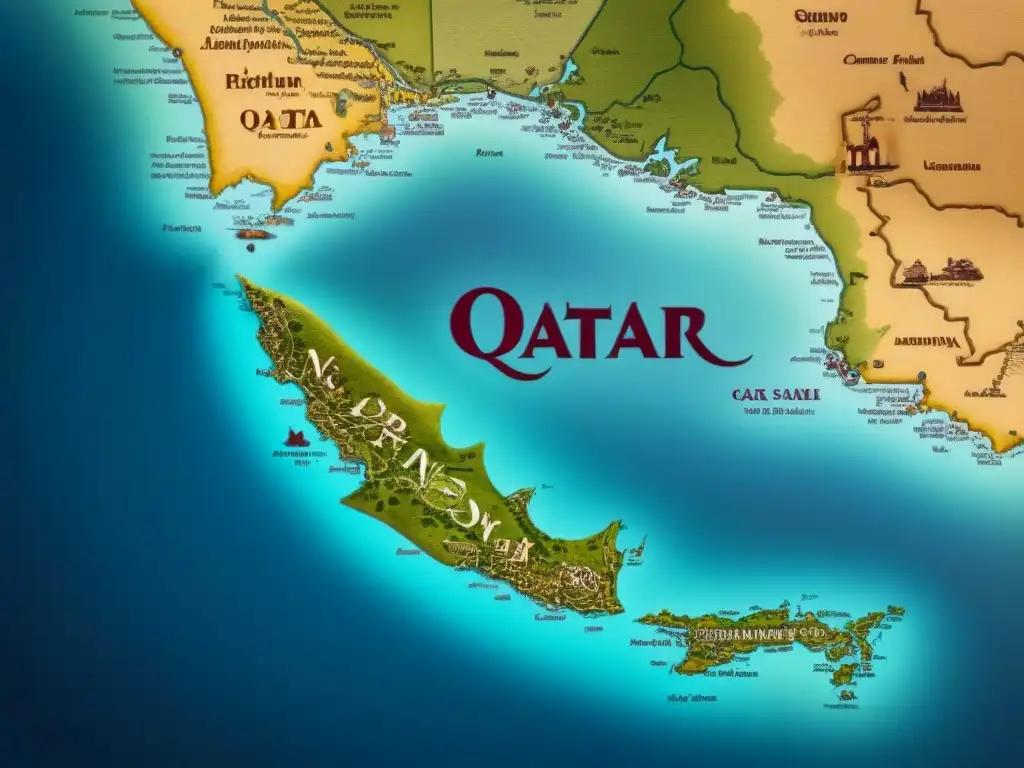 Mapa vintage de Qatar con significado de apellidos y transformación social enlazados a hitos culturales