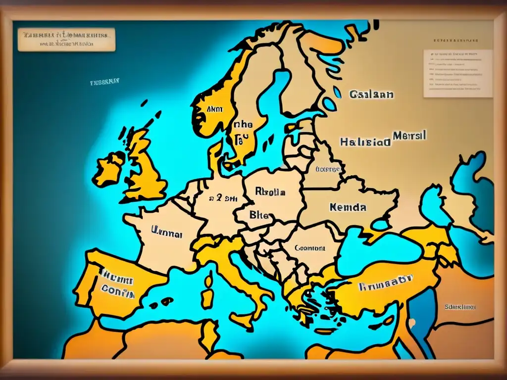 Mapa vintage de Europa con significado apellidos comunes, rodeado de motivos florales