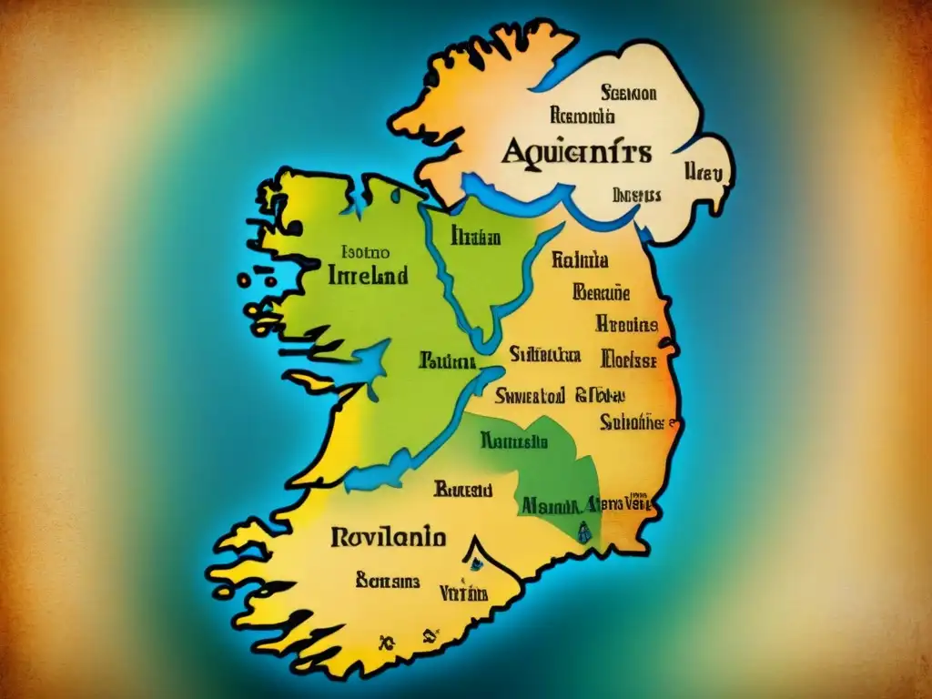 Mapa vintage de Irlanda con símbolos celtas rodeado de criaturas míticas, evocando historia de apellidos irlandeses ancestros