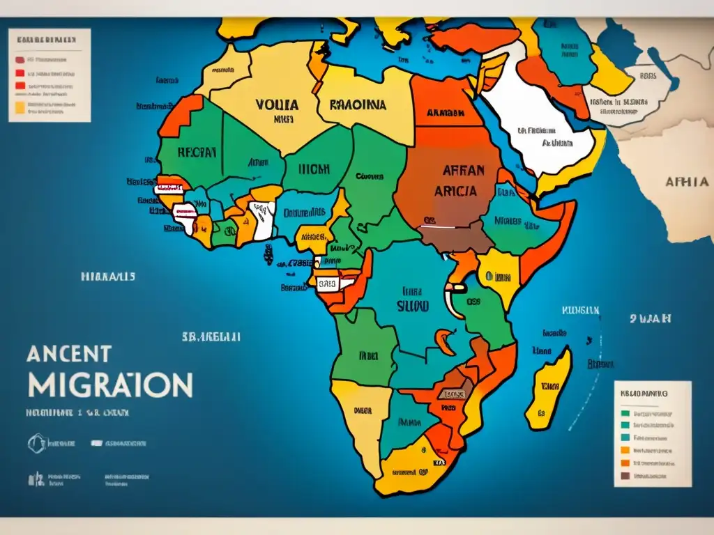 Mapa vintage vibrante mostrando antiguas migraciones apellidos africanos dispersión con detalles culturales