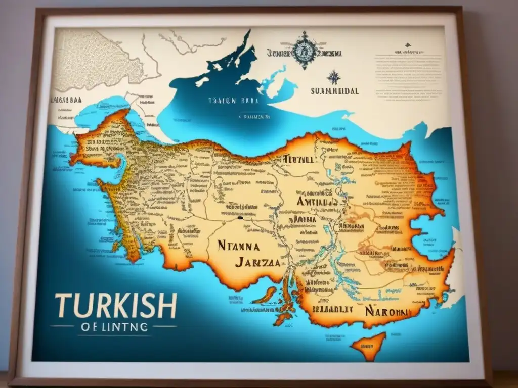 Mapa vintage vibrante mostrando la evolución de apellidos turcos a lo largo del tiempo, con detallada caligrafía y eventos históricos