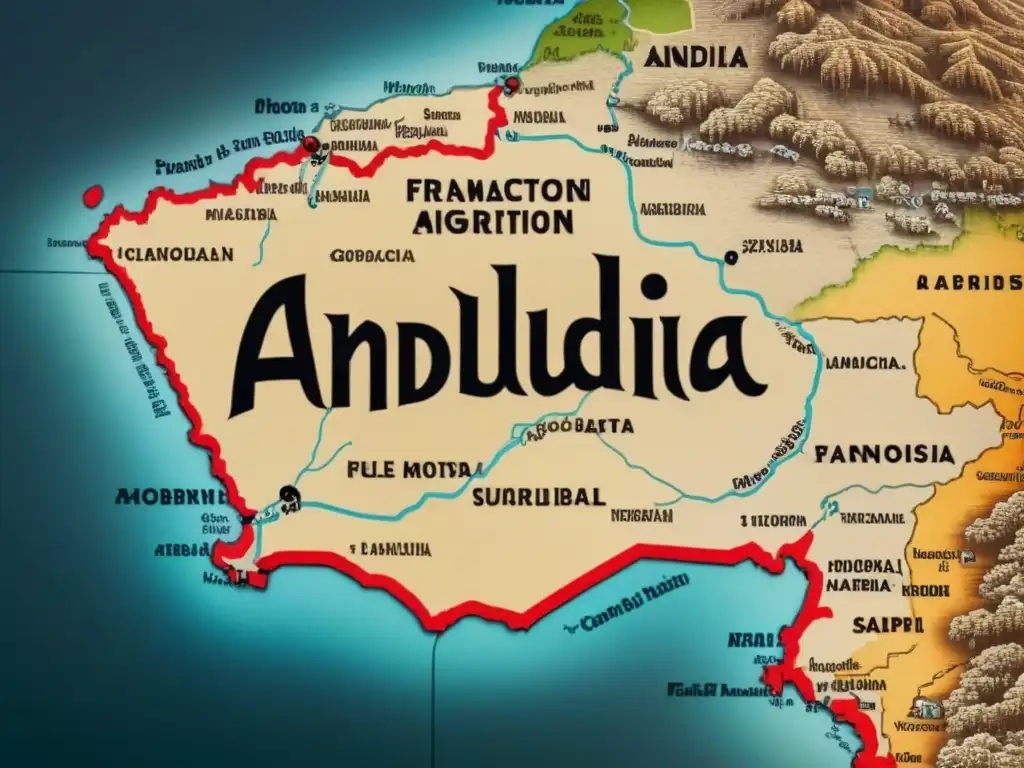 Un mapa vintage vibrante de Andalucía con detalles históricos y culturales en tonos sepia, evocando apellidos Andalucía historia migración cultura