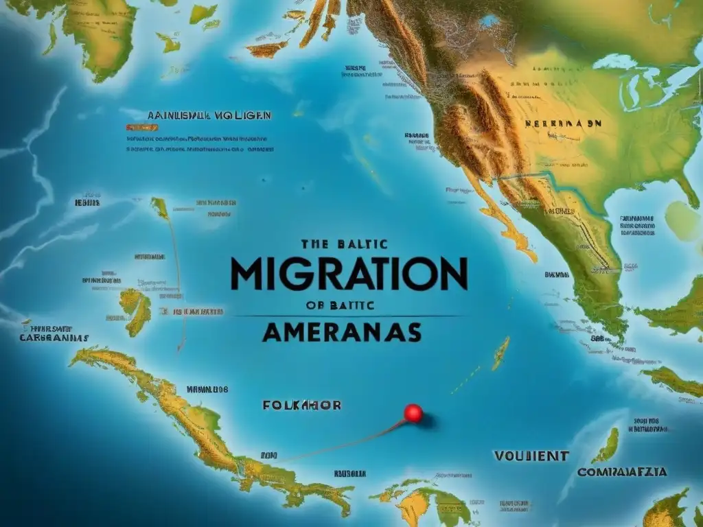 Un mapa vintage vibrante con rutas migratorias de apellidos bálticos a América, ilustraciones detalladas y caligrafía evolutiva