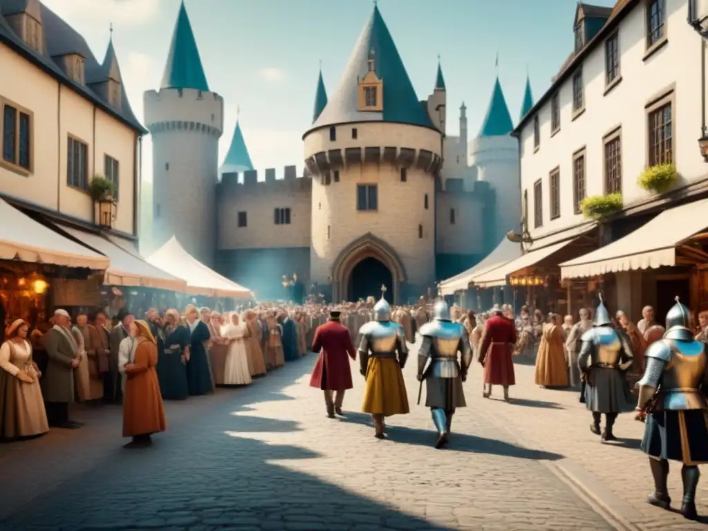 En medio de un bullicioso mercado medieval, caballeros y vendedores rodean un majestuoso castillo