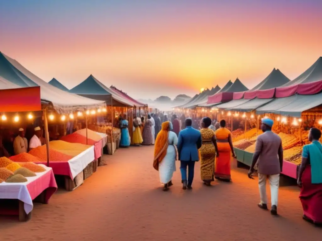 Un mercado africano bullicioso con telas coloridas, especias y artesanías