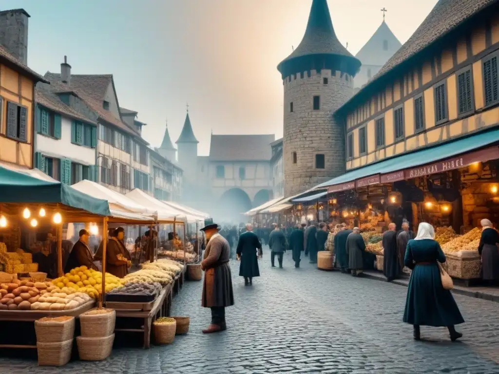 Un mercado antiguo bullicioso con vendedores y artesanos, baratijas y un castillo medieval al fondo