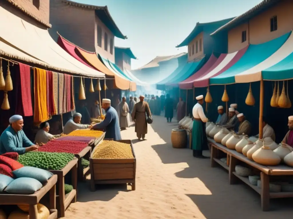 Mercado bullicioso de la antigua Ruta de la Seda con influencia de la seda en apellidos, intercambio cultural y comercio tradicional asiático