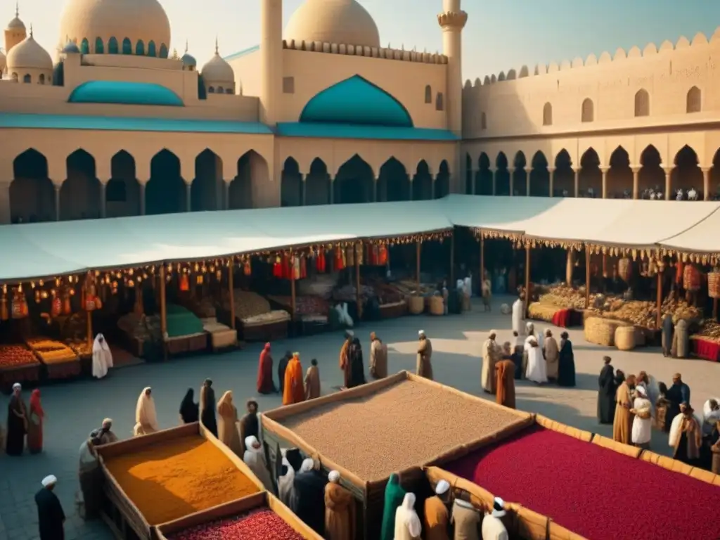 Mercado bullicioso en ciudad antigua del Medio Oriente, con vendedores regateando textiles y especias bajo la sombra de una mezquita