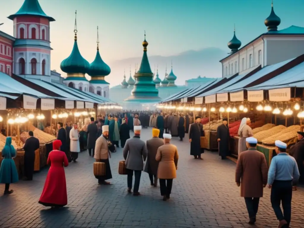 Mercado bullicioso en Kazán, Rusia, con gente tártara y edificios ornamentados