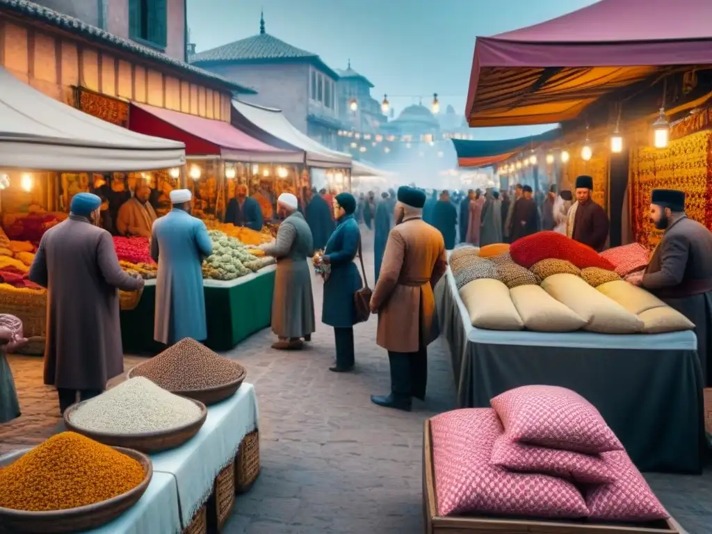 Mercado bullicioso del Imperio Otomano, con mercaderes de diversas culturas intercambiando bienes, destacando la rica historia y linajes de la época