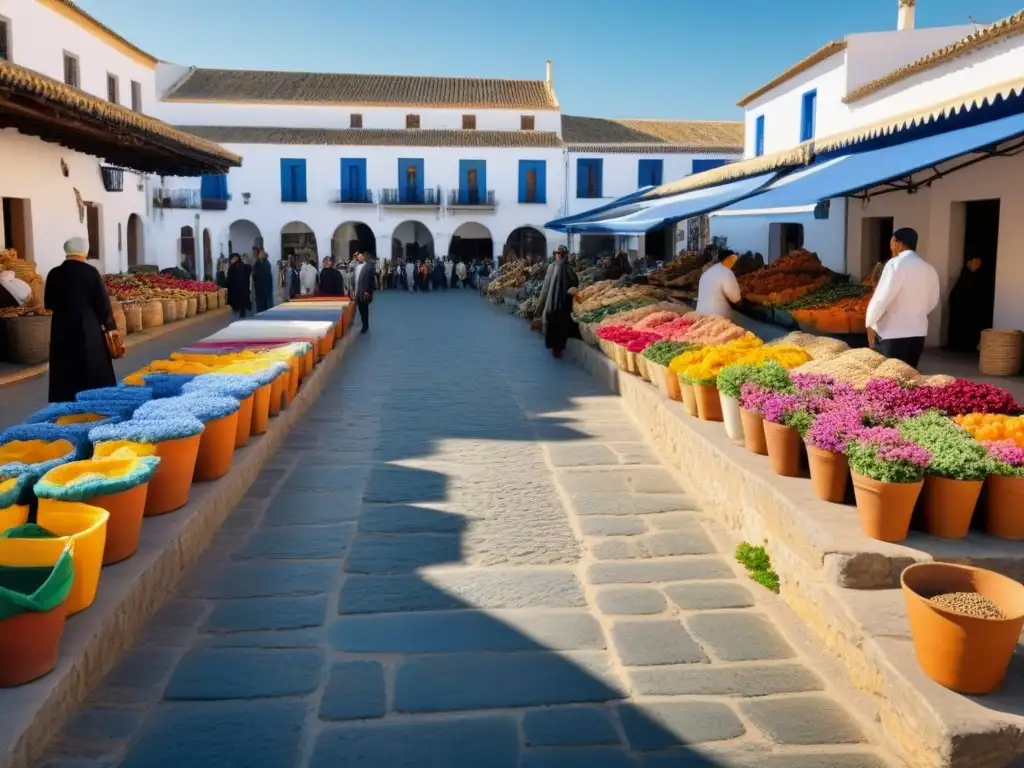 Mercado bullicioso en Andalucía, lleno de coloridos puestos vendiendo productos tradicionales