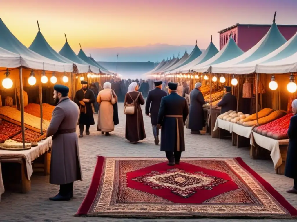 Un mercado circasiano bullicioso lleno de comerciantes, alfombras ornadas y artesanías bajo un vibrante cielo al atardecer