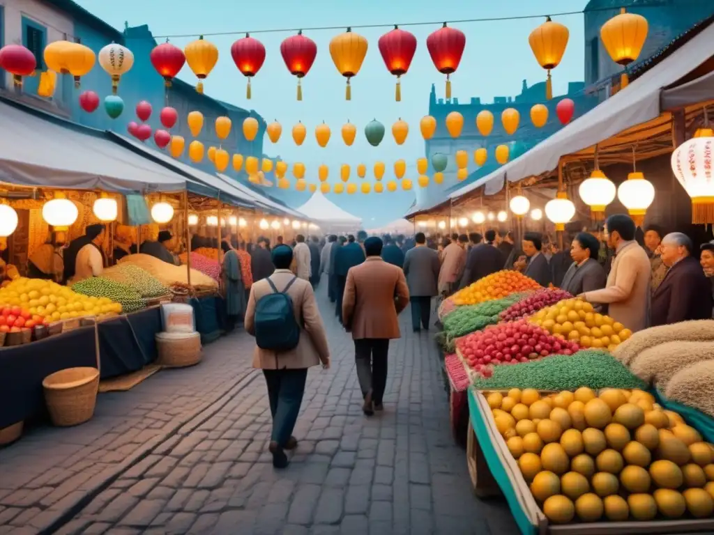 Un mercado histórico bullicioso con vendedores, frutas coloridas y textiles tradicionales