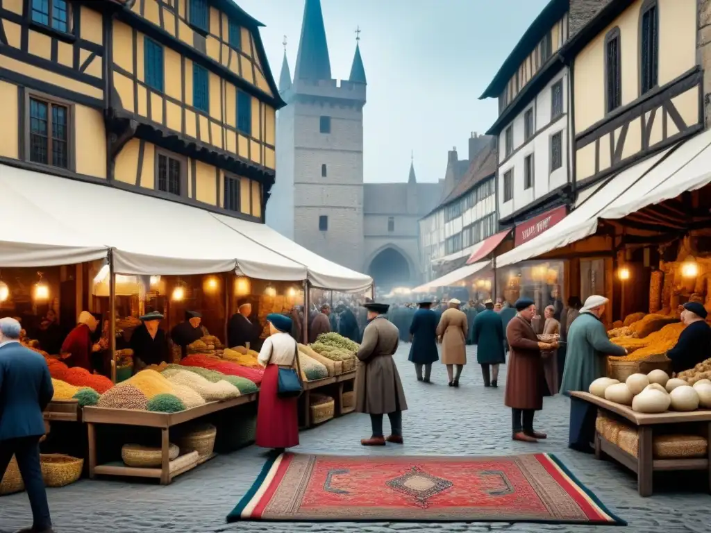 Mercado medieval abarrotado de comerciantes en una plaza, con edificios ornamentados y productos variados en exposición