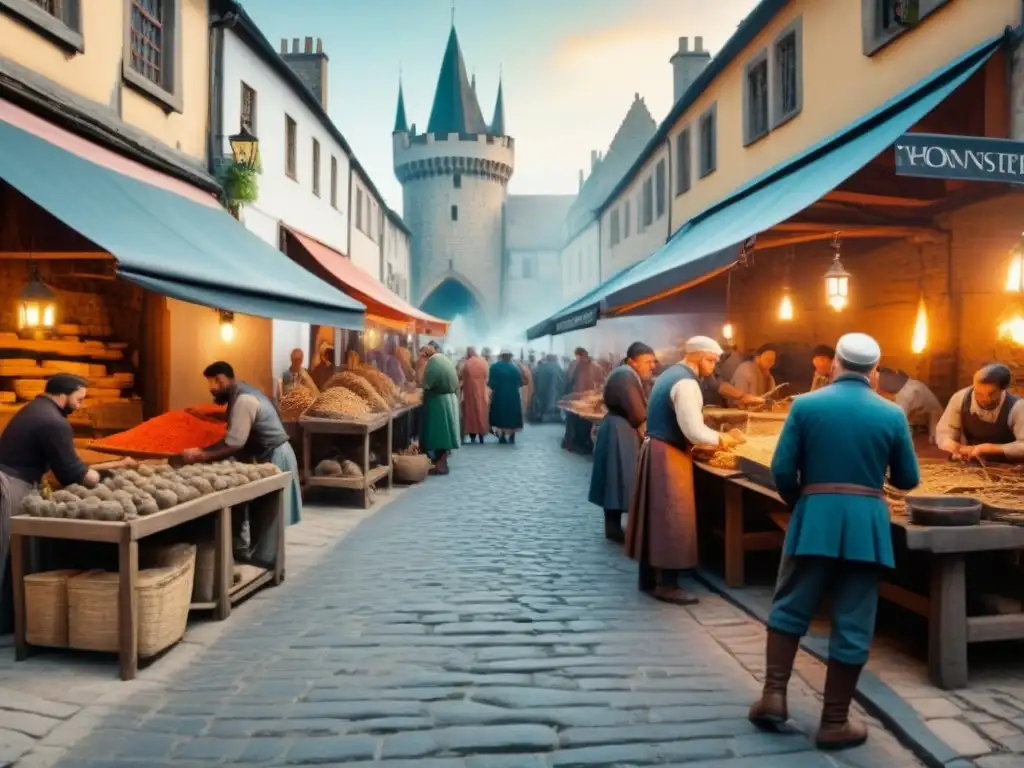 Un mercado medieval bullicioso con artesanos creando sus productos bajo la atenta mirada de un castillo majestuoso